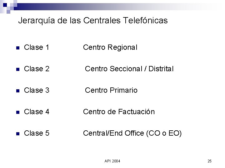 Jerarquía de las Centrales Telefónicas n Clase 1 Centro Regional n Clase 2 Centro
