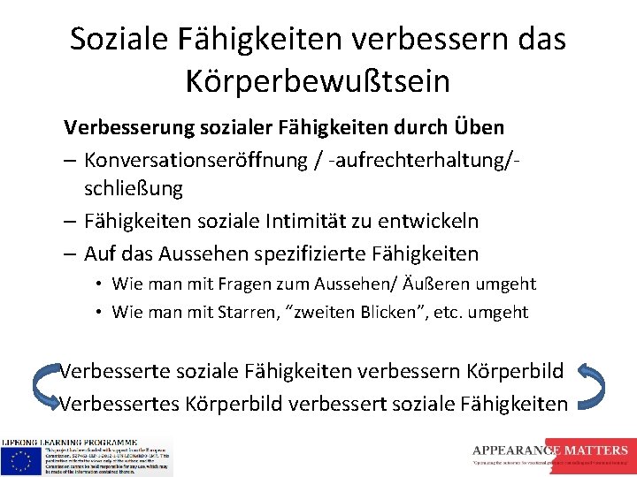 Soziale Fähigkeiten verbessern das Körperbewußtsein Verbesserung sozialer Fähigkeiten durch Üben – Konversationseröffnung / -aufrechterhaltung/schließung