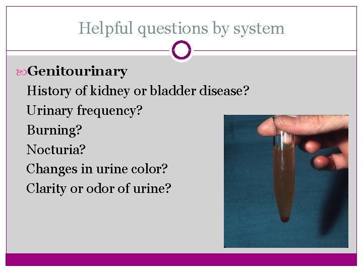 Helpful questions by system Genitourinary History of kidney or bladder disease? Urinary frequency? Burning?