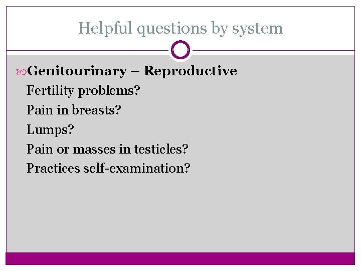 Helpful questions by system Genitourinary – Reproductive Fertility problems? Pain in breasts? Lumps? Pain