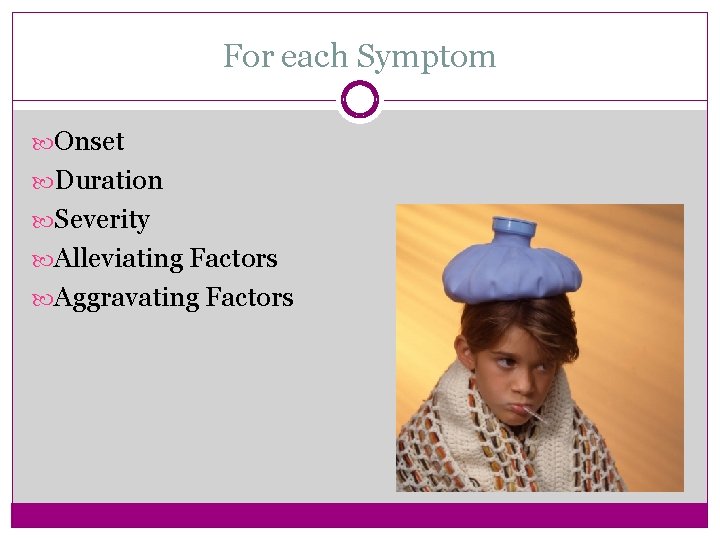 For each Symptom Onset Duration Severity Alleviating Factors Aggravating Factors 
