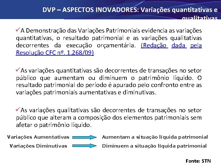 DVP – ASPECTOS INOVADORES: Variações quantitativas e qualitativas üA Demonstração das Variações Patrimoniais evidencia
