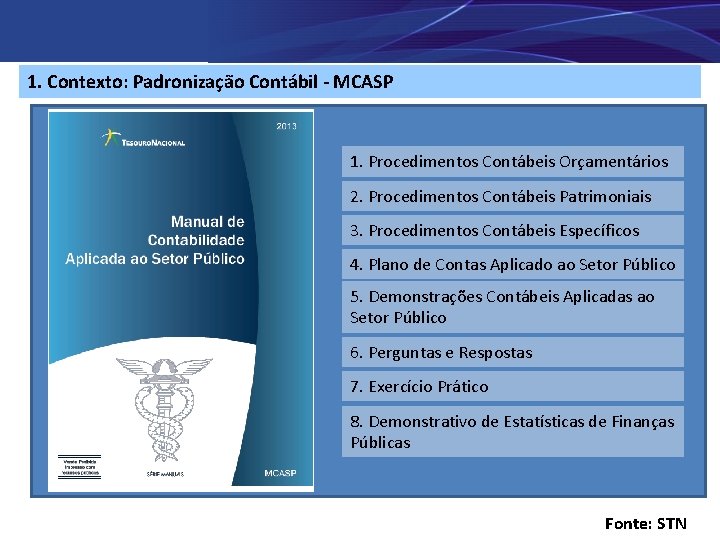 1. Contexto: Padronização Contábil - MCASP Entrada (PCASP) Saída (Demonstrativos) 1. Procedimentos Contábeis Orçamentários