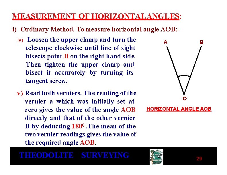 MEASUREMENT OF HORIZONTAL ANGLES: i) Ordinary Method. To measure horizontal angle AOB: iv) Loosen