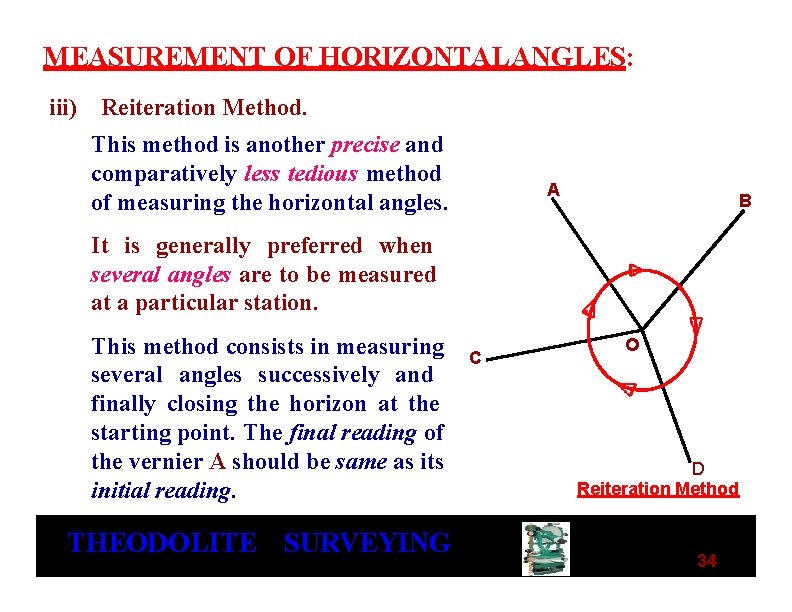 MEASUREMENT OF HORIZONTAL ANGLES: iii) Reiteration Method. This method is another precise and comparatively