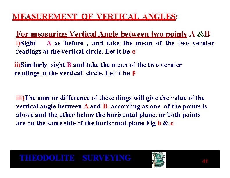 MEASUREMENT OF VERTICAL ANGLES: For measuring Vertical Angle between two points A &B i)Sight