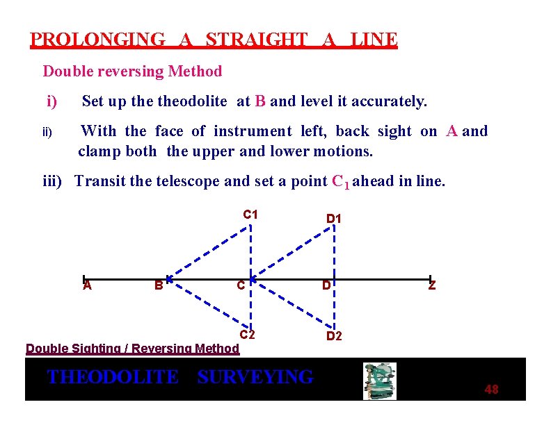 PROLONGING A STRAIGHT A LINE Double reversing Method i) ii) Set up theodolite at