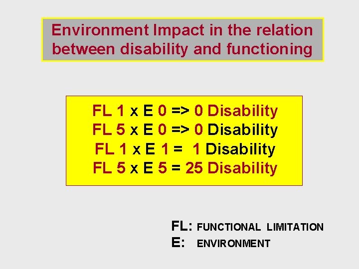 Environment Impact in the relation between disability and functioning FL 1 x E 0