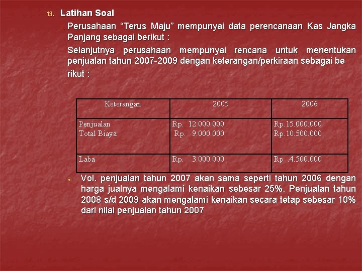 13. Latihan Soal 1. Perusahaan “Terus Maju” mempunyai data perencanaan Kas Jangka Panjang sebagai