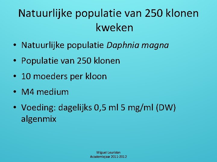 Natuurlijke populatie van 250 klonen kweken • Natuurlijke populatie Daphnia magna • Populatie van