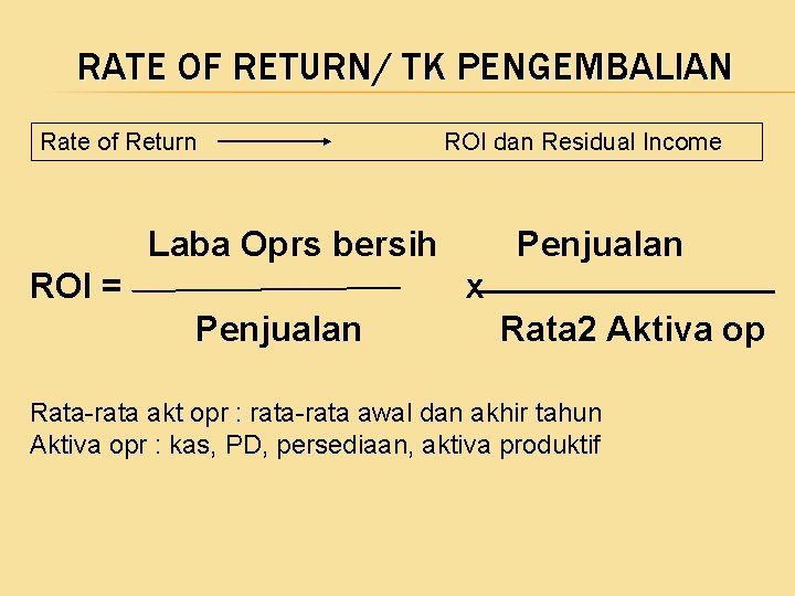 RATE OF RETURN/ TK PENGEMBALIAN Rate of Return ROI dan Residual Income Laba Oprs