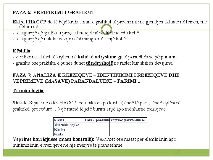 FAZA 6: VERIFIKIMI I GRAFIKUT Ekipi i HACCP do të bëjë krahasimin e grafikut