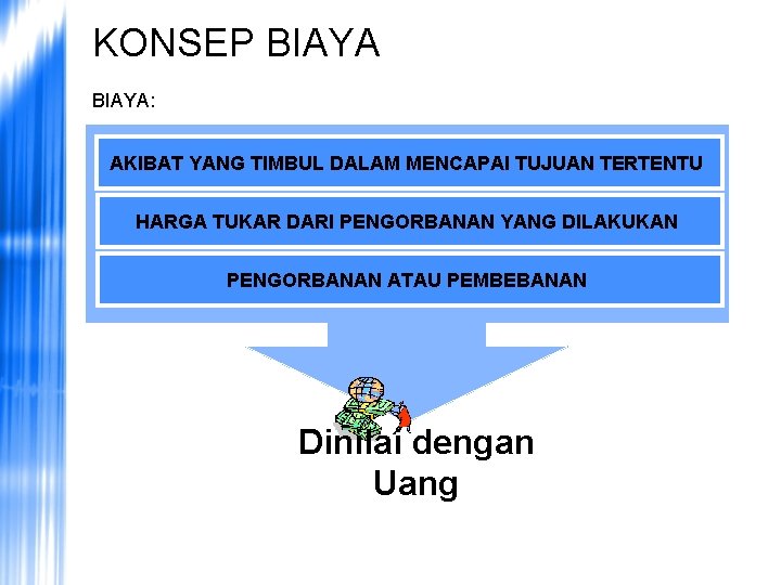 KONSEP BIAYA: AKIBAT YANG TIMBUL DALAM MENCAPAI TUJUAN TERTENTU HARGA TUKAR DARI PENGORBANAN YANG