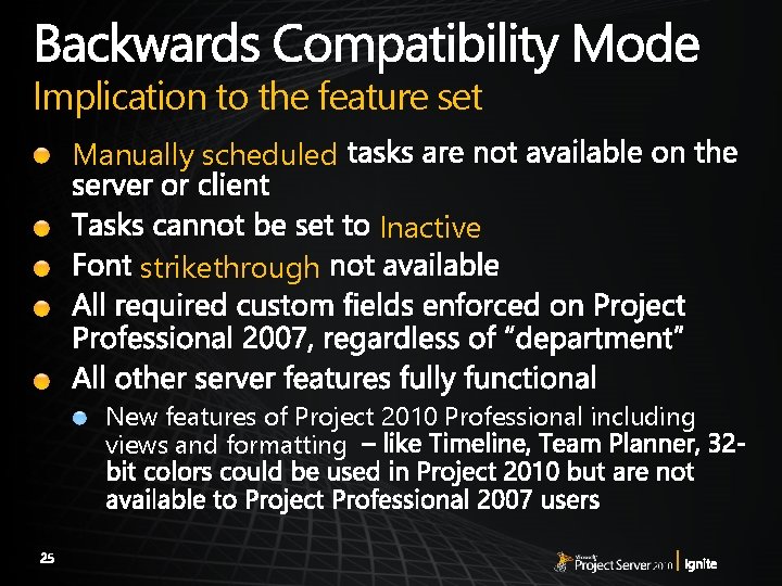 Implication to the feature set Manually scheduled strikethrough Inactive New features of Project 2010