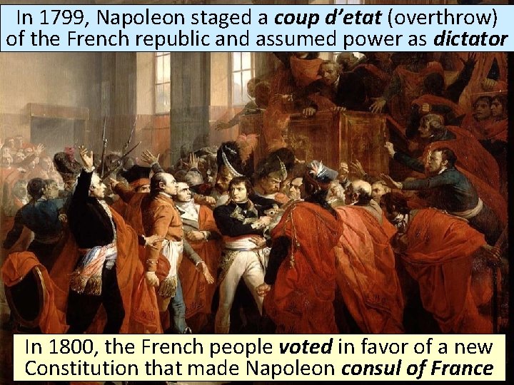 In 1799, Napoleon staged a coup d’etat (overthrow) of the French republic and assumed