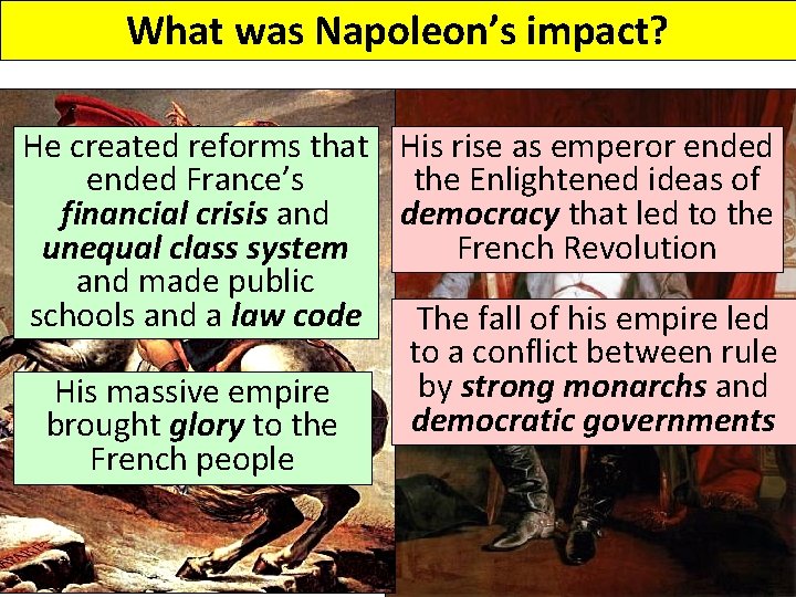 What was Napoleon’s impact? He created reforms that His rise as emperor ended France’s