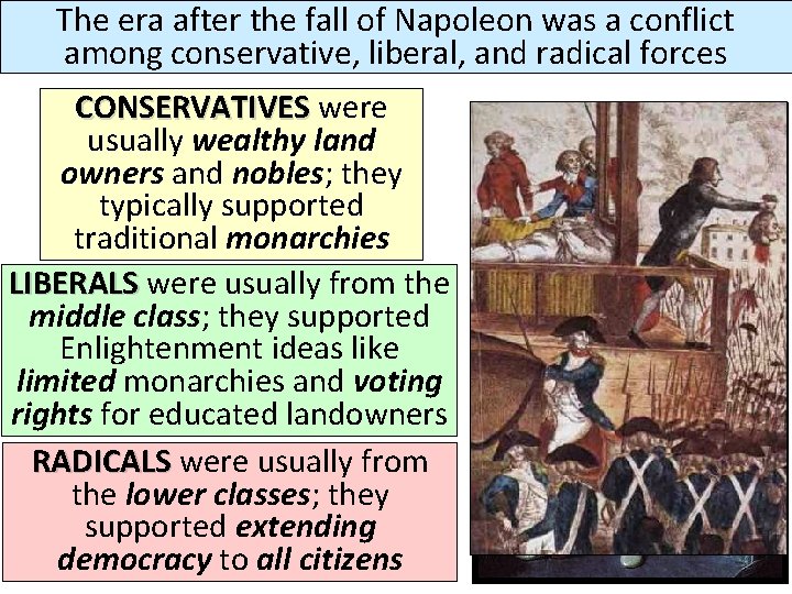 The era after the fall of Napoleon was a conflict among conservative, liberal, and