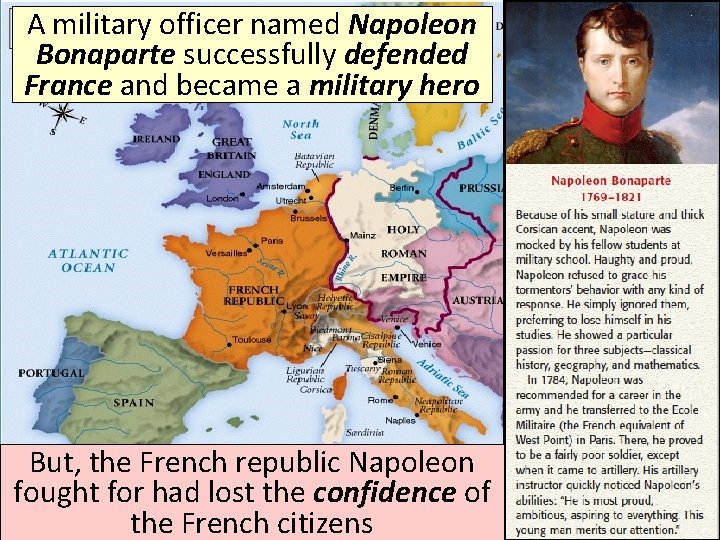 A military officer named Napoleon Bonaparte successfully defended France and became a military hero