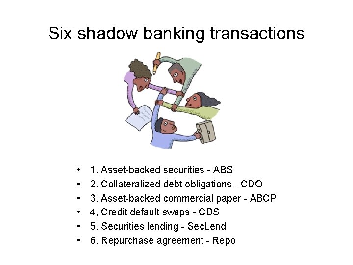 Six shadow banking transactions • • • 1. Asset-backed securities - ABS 2. Collateralized