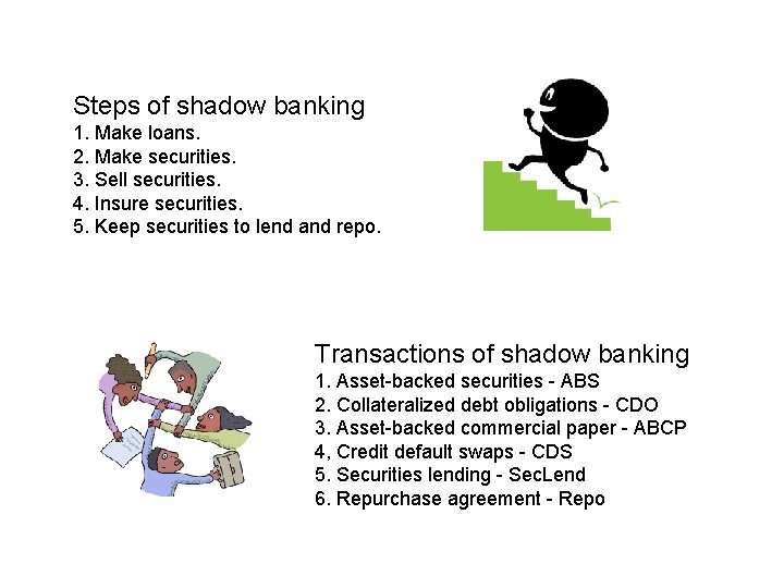 Steps of shadow banking 1. Make loans. 2. Make securities. 3. Sell securities. 4.