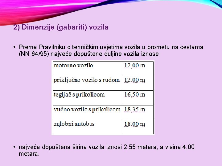 2) Dimenzije (gabariti) vozila • Prema Pravilniku o tehničkim uvjetima vozila u prometu na