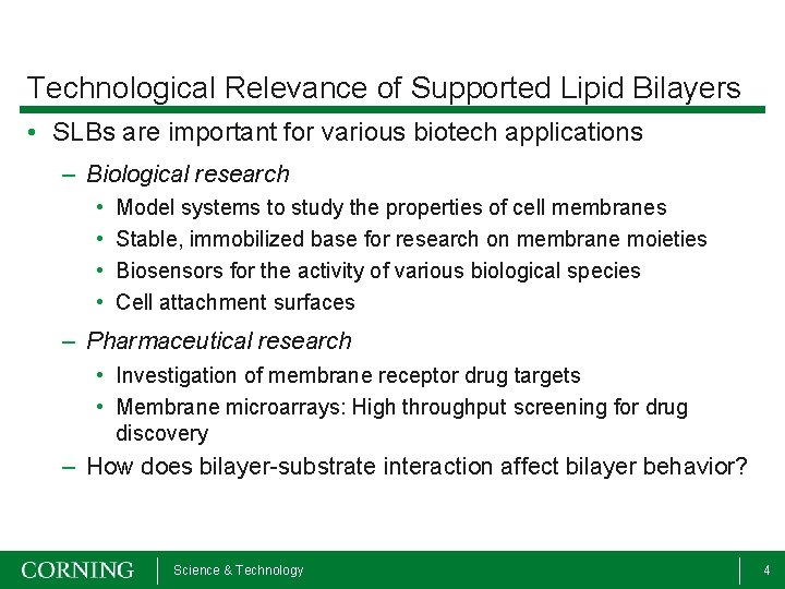 Technological Relevance of Supported Lipid Bilayers • SLBs are important for various biotech applications