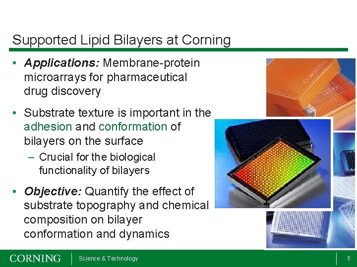 Supported Lipid Bilayers at Corning • Applications: Membrane-protein microarrays for pharmaceutical drug discovery •