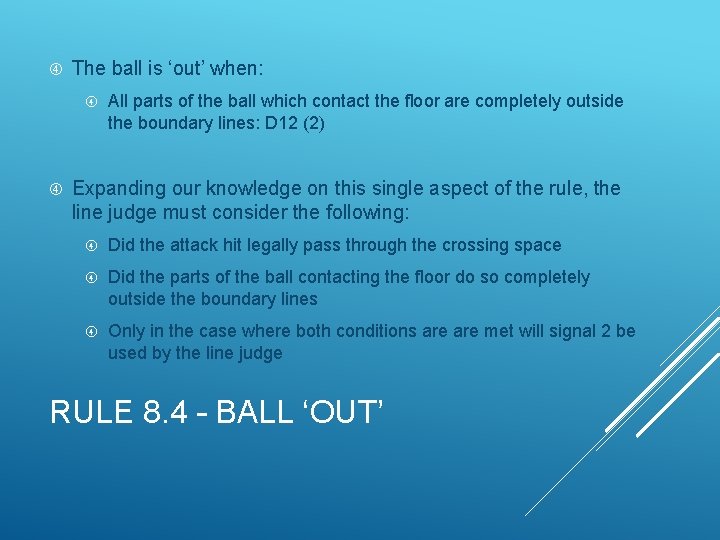  The ball is ‘out’ when: All parts of the ball which contact the