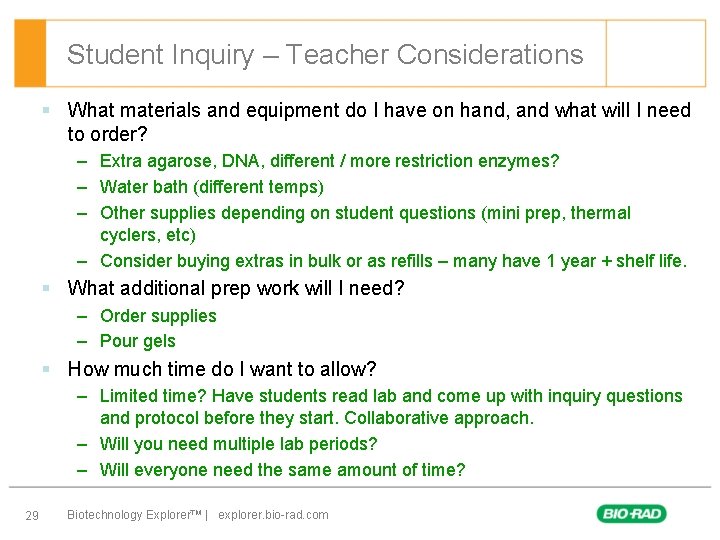 Student Inquiry – Teacher Considerations § What materials and equipment do I have on