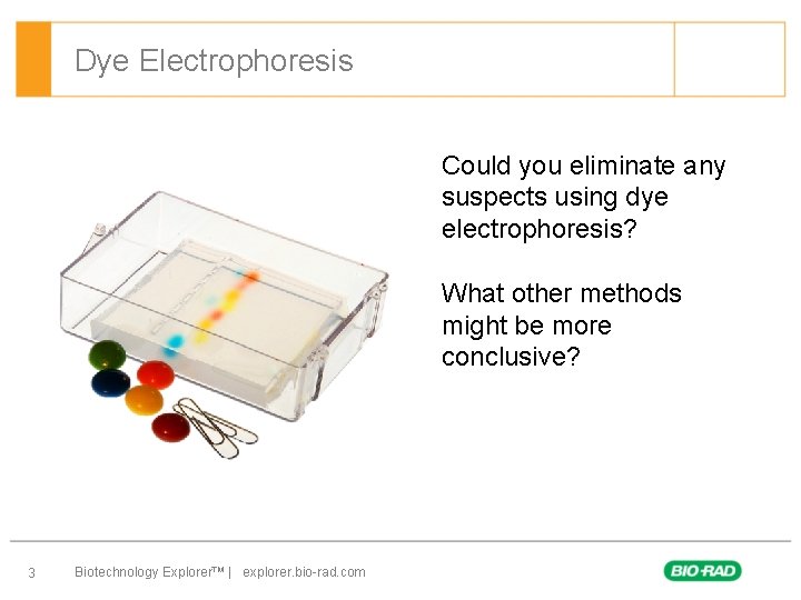 Dye Electrophoresis Could you eliminate any suspects using dye electrophoresis? What other methods might