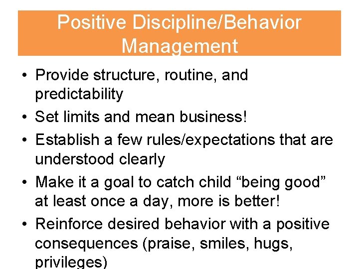 Positive Discipline/Behavior Management • Provide structure, routine, and predictability • Set limits and mean