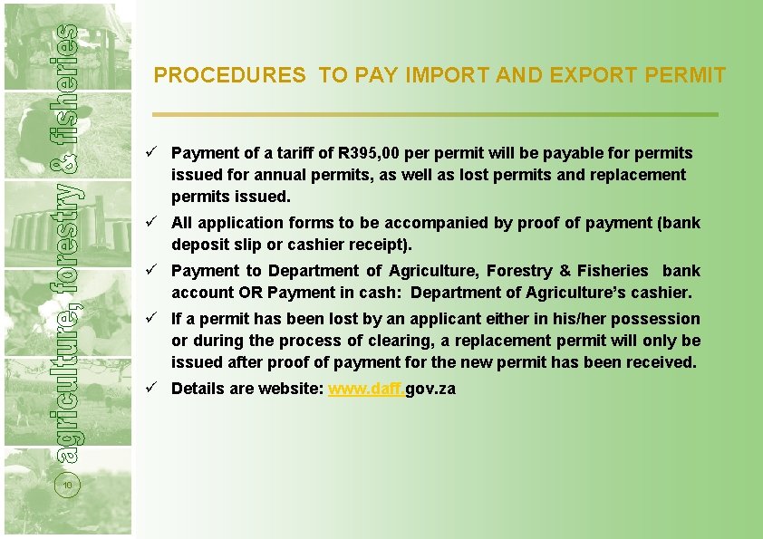 PROCEDURES TO PAY IMPORT AND EXPORT PERMIT ü Payment of a tariff of R