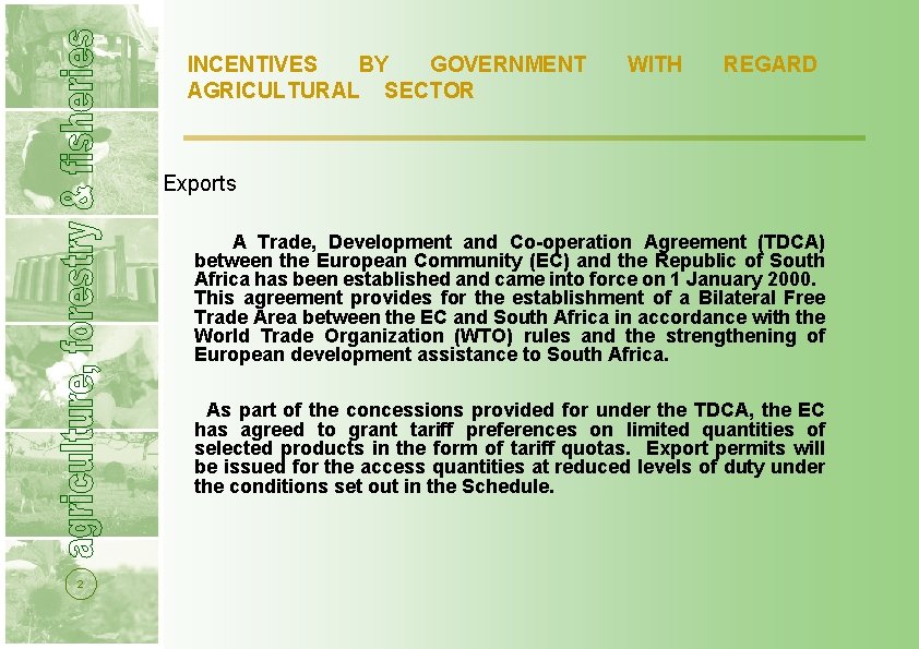 INCENTIVES BY GOVERNMENT AGRICULTURAL SECTOR WITH REGARD Exports A Trade, Development and Co-operation Agreement