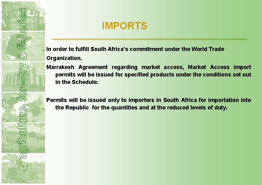  IMPORTS In order to fulfill South Africa's commitment under the World Trade Organization.