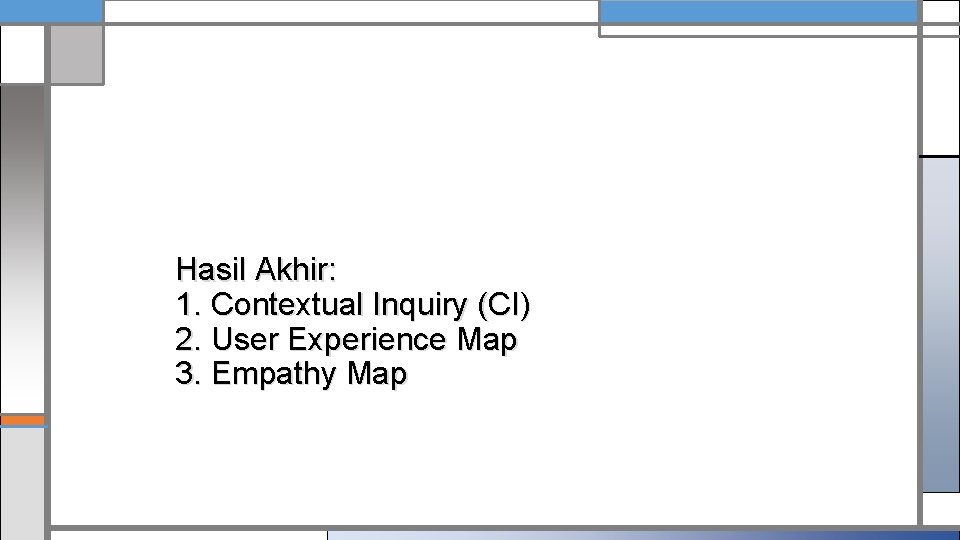 Hasil Akhir: 1. Contextual Inquiry (CI) 2. User Experience Map 3. Empathy Map 