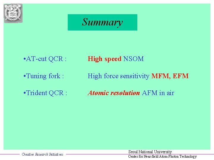 Summary • AT-cut QCR : High speed NSOM • Tuning fork : High force