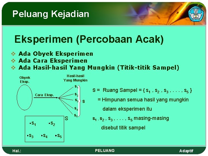 Peluang Kejadian Eksperimen (Percobaan Acak) v Ada Obyek Eksperimen v Ada Cara Eksperimen v