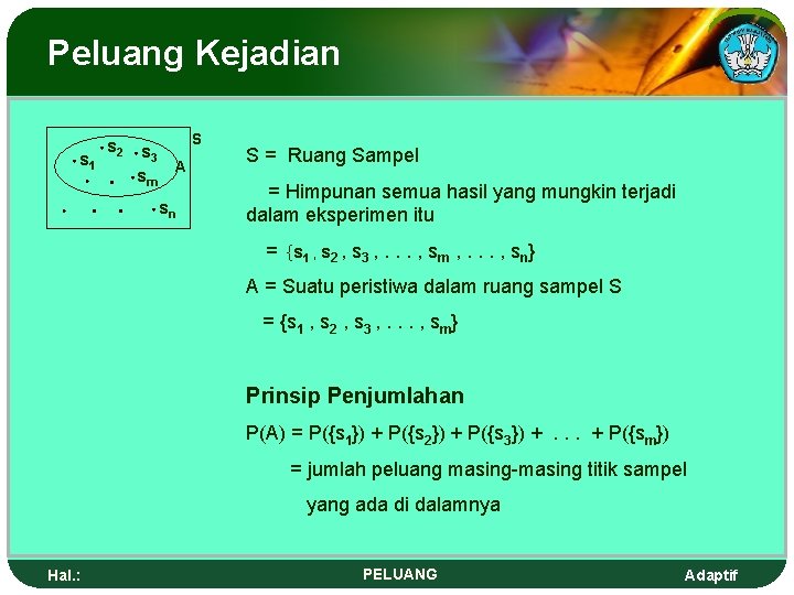 Peluang Kejadian s 1 s 2 s 3 A sm sn S S =