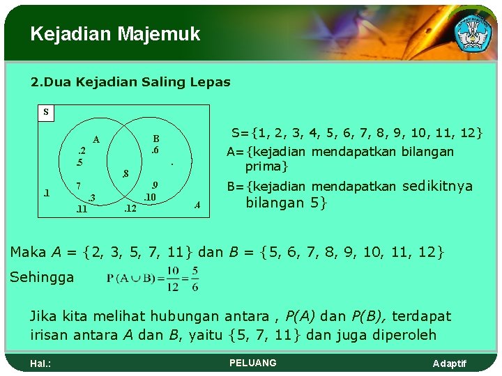 Kejadian Majemuk 2. Dua Kejadian Saling Lepas S S={1, 2, 3, 4, 5, 6,