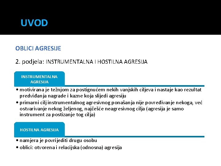 UVOD OBLICI AGRESIJE 2. podjela: INSTRUMENTALNA I HOSTILNA AGRESIJA INSTRUMENTALNA AGRESIJA • motivirana je