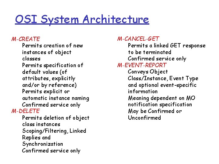 OSI System Architecture M-CREATE Permits creation of new instances of object classes Permits specification