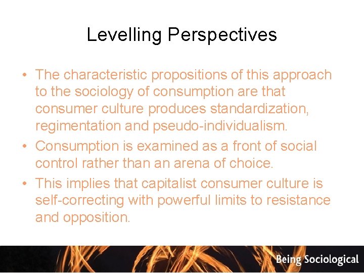 Levelling Perspectives • The characteristic propositions of this approach to the sociology of consumption