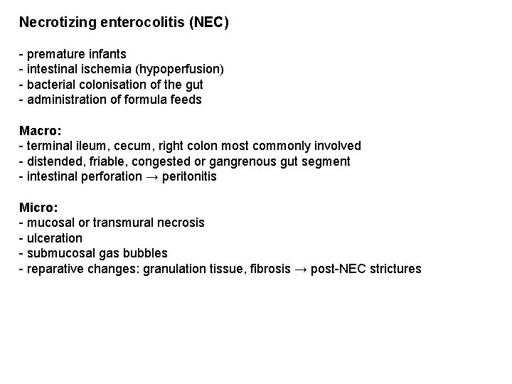 Necrotizing enterocolitis (NEC) - premature infants - intestinal ischemia (hypoperfusion) - bacterial colonisation of