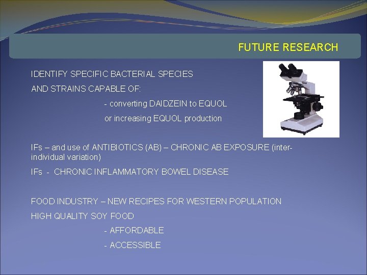 FUTURE RESEARCH IDENTIFY SPECIFIC BACTERIAL SPECIES AND STRAINS CAPABLE OF: - converting DAIDZEIN to