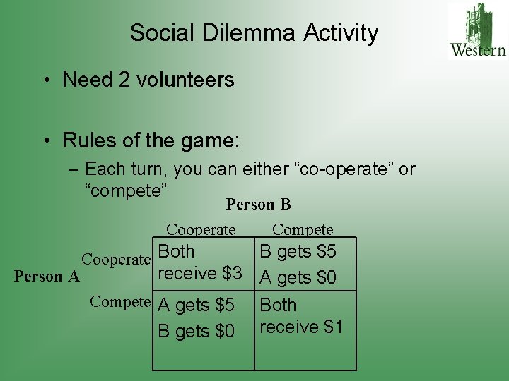 Social Dilemma Activity • Need 2 volunteers • Rules of the game: – Each