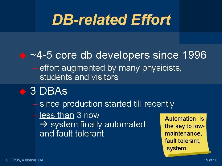 DB-related Effort u ~4 -5 core db developers since 1996 – effort augmented by