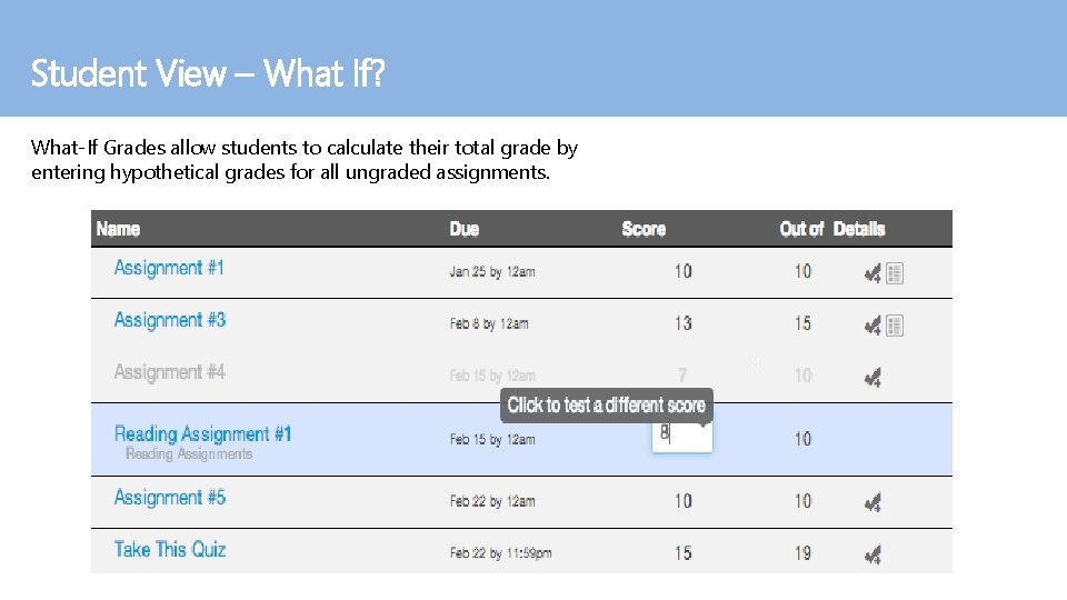 Student View – What If? What-If Grades allow students to calculate their total grade