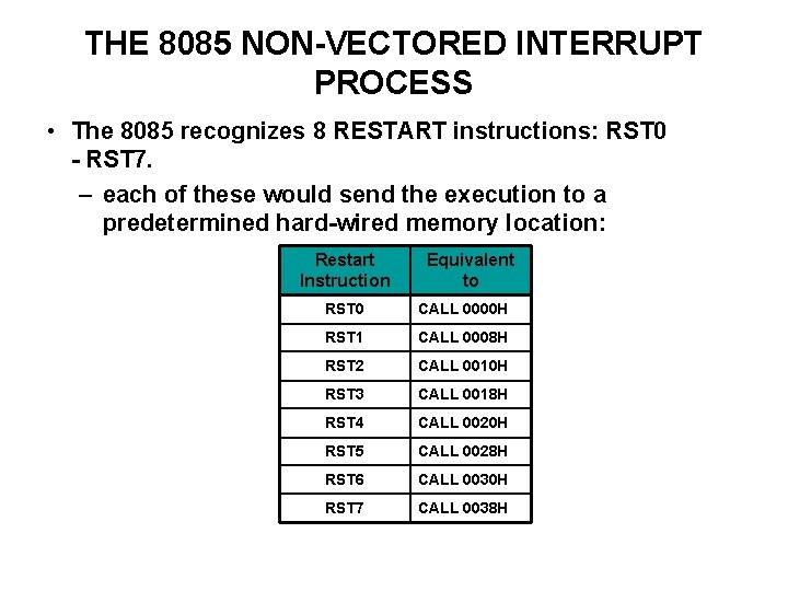 THE 8085 NON-VECTORED INTERRUPT PROCESS • The 8085 recognizes 8 RESTART instructions: RST 0