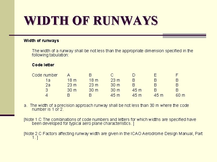 WIDTH OF RUNWAYS Width of runways The width of a runway shall be not