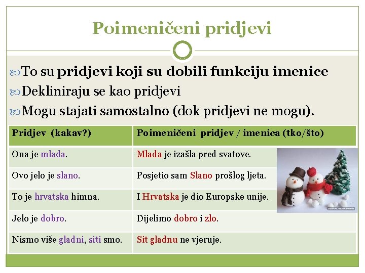 Poimeničeni pridjevi To su pridjevi koji su dobili funkciju imenice Dekliniraju se kao pridjevi